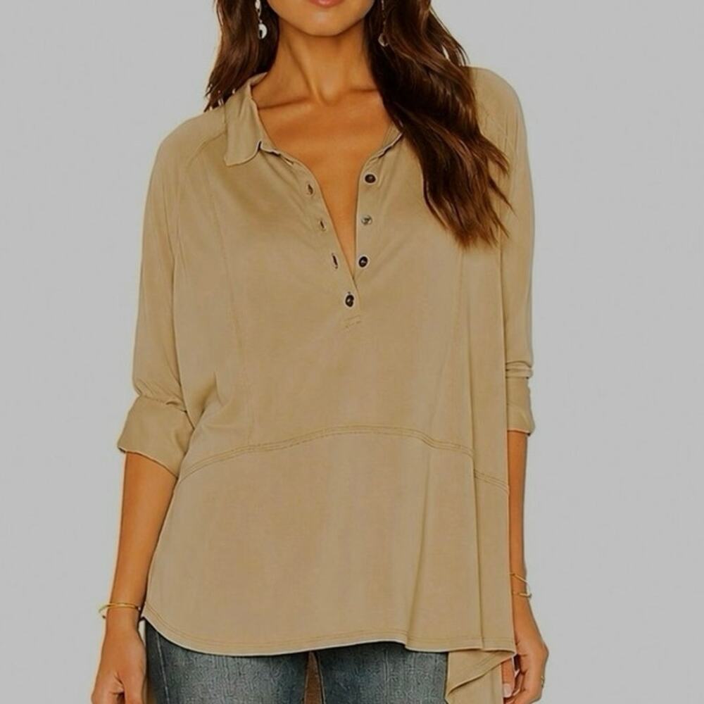 Free People Tan Button-Front Tunic Top